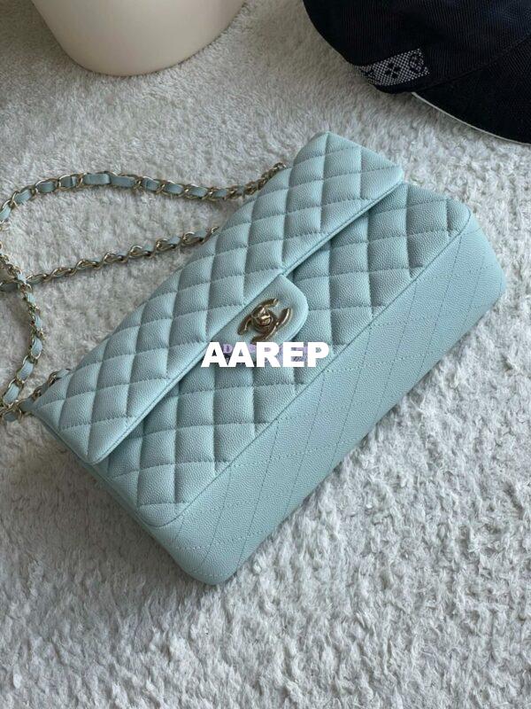 Replica Chanel CF 1112 Classic Flap Bag Qulited Grainy Caviar with Light Gold Hardware in Light Blue 6