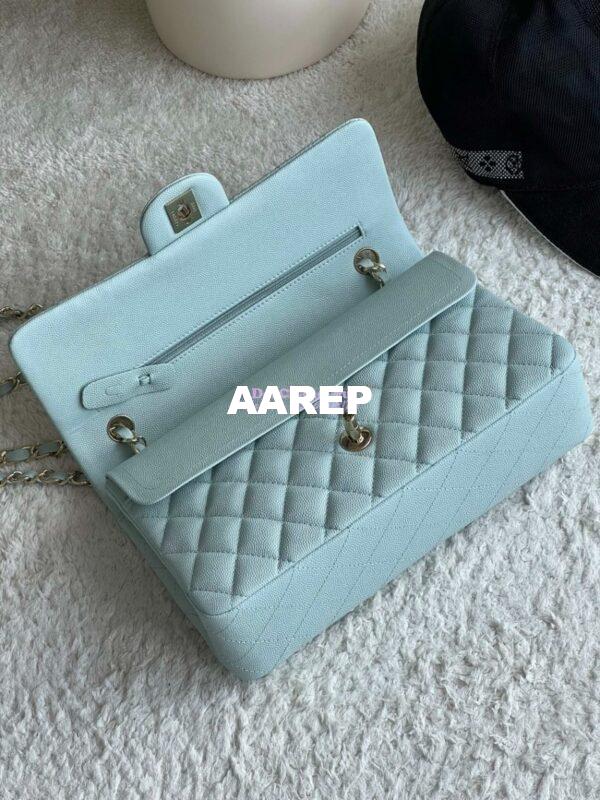 Replica Chanel CF 1112 Classic Flap Bag Qulited Grainy Caviar with Light Gold Hardware in Light Blue 8