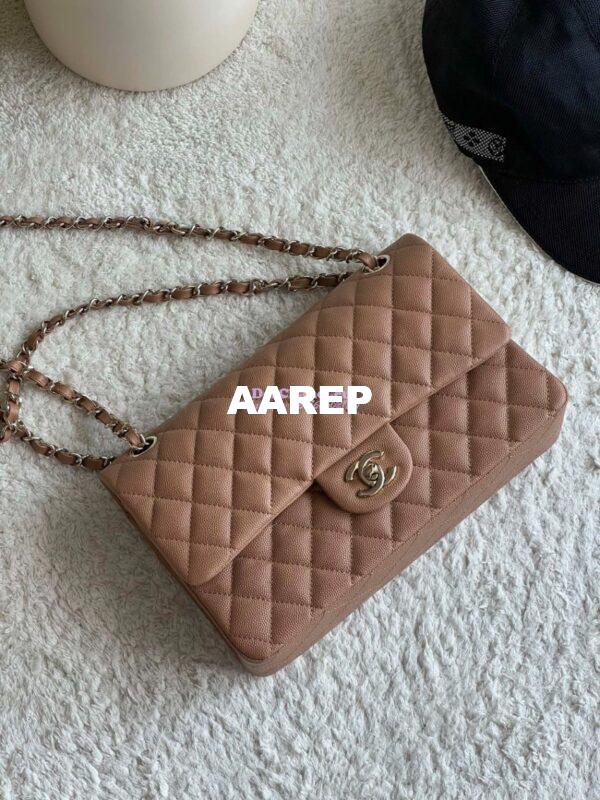 Replica Chanel CF 1112 Classic Flap Bag Qulited Grainy Caviar with Light Gold Hardware in Dark Beige 3