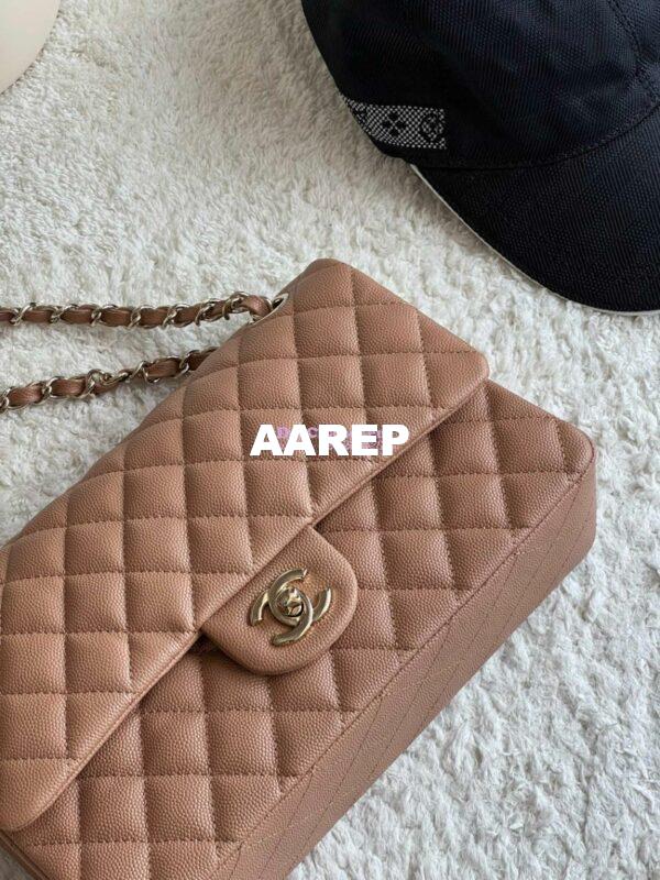 Replica Chanel CF 1112 Classic Flap Bag Qulited Grainy Caviar with Light Gold Hardware in Dark Beige 4