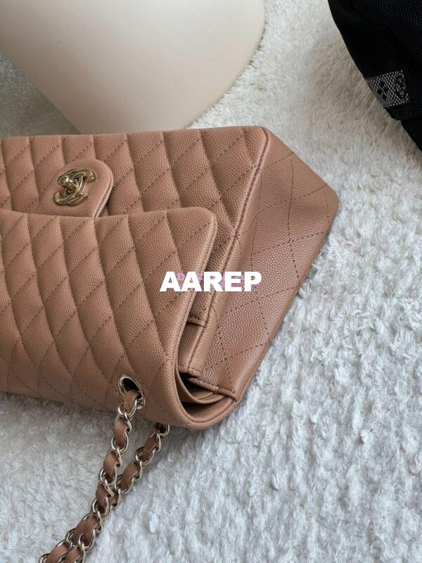 Replica Chanel CF 1112 Classic Flap Bag Qulited Grainy Caviar with Light Gold Hardware in Dark Beige 6