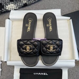 Replica Chanel 25P CC Clasp Quilted Lambskin Slides G46119 Black