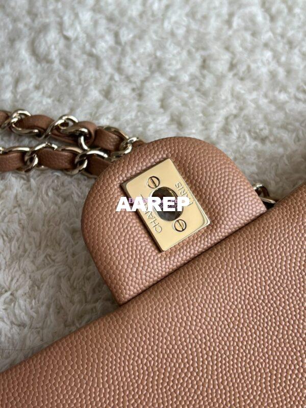 Replica Chanel CF 1112 Classic Flap Bag Qulited Grainy Caviar with Light Gold Hardware in Dark Beige 7