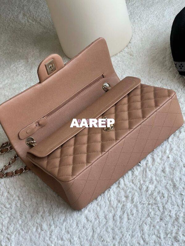 Replica Chanel CF 1112 Classic Flap Bag Qulited Grainy Caviar with Light Gold Hardware in Dark Beige 8