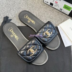 Replica Chanel 25P CC Clasp Quilted Lambskin Slides G46119 Black 2