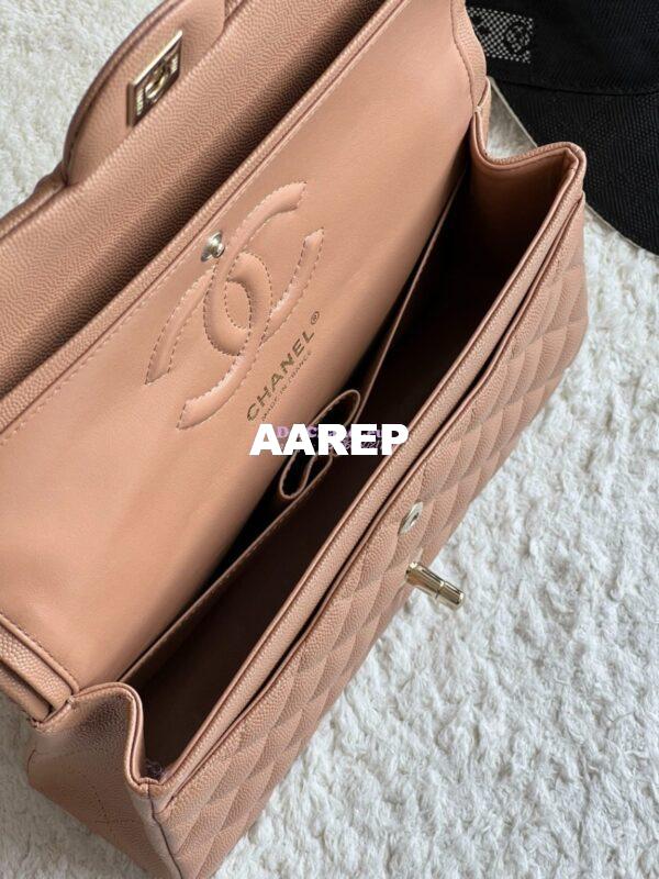 Replica Chanel CF 1112 Classic Flap Bag Qulited Grainy Caviar with Light Gold Hardware in Dark Beige 9