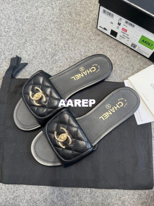 Replica Chanel 25P CC Clasp Quilted Lambskin Slides G46119 Black 5