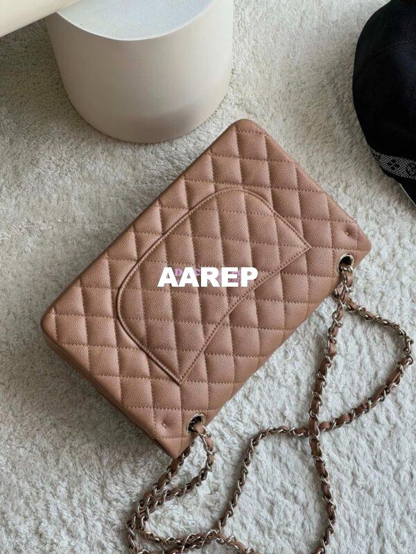 Replica Chanel CF 1112 Classic Flap Bag Qulited Grainy Caviar with Light Gold Hardware in Dark Beige 11