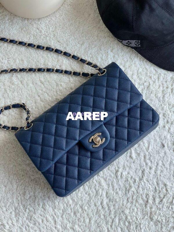 Replica Chanel CF 1112 Classic Flap Bag Qulited Grainy Caviar with Light Gold Hardware in Dark Blue 3