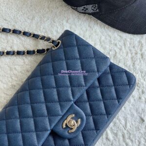 Replica Chanel CF 1112 Classic Flap Bag Qulited Grainy Caviar with Light Gold Hardware in Dark Blue 2
