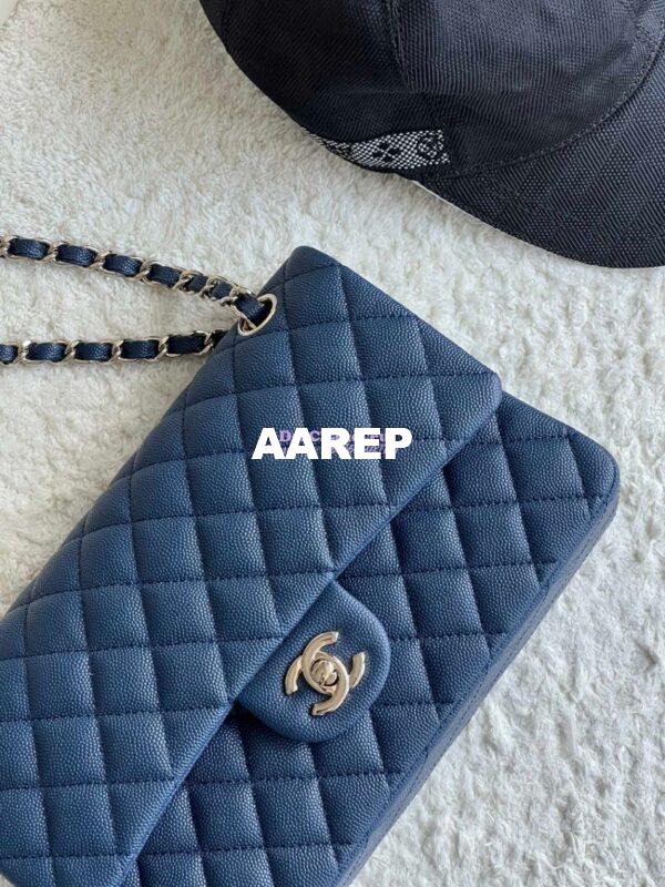 Replica Chanel CF 1112 Classic Flap Bag Qulited Grainy Caviar with Light Gold Hardware in Dark Blue 4