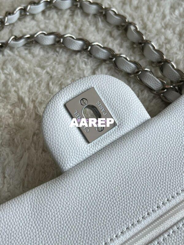 Replica Chanel Small Classic Double Flap Bag in Silver Hardware 23cm Quilted Caviar White 8