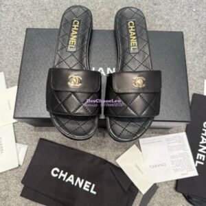 Replica Chanel 25P CC Turnlock Lambskin Slides G38232 Black 2