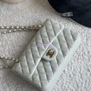 Replica Chanel Small Classic Double Flap Bag in Light Gold Hardware 23cm Quilted Caviar Milky White 2