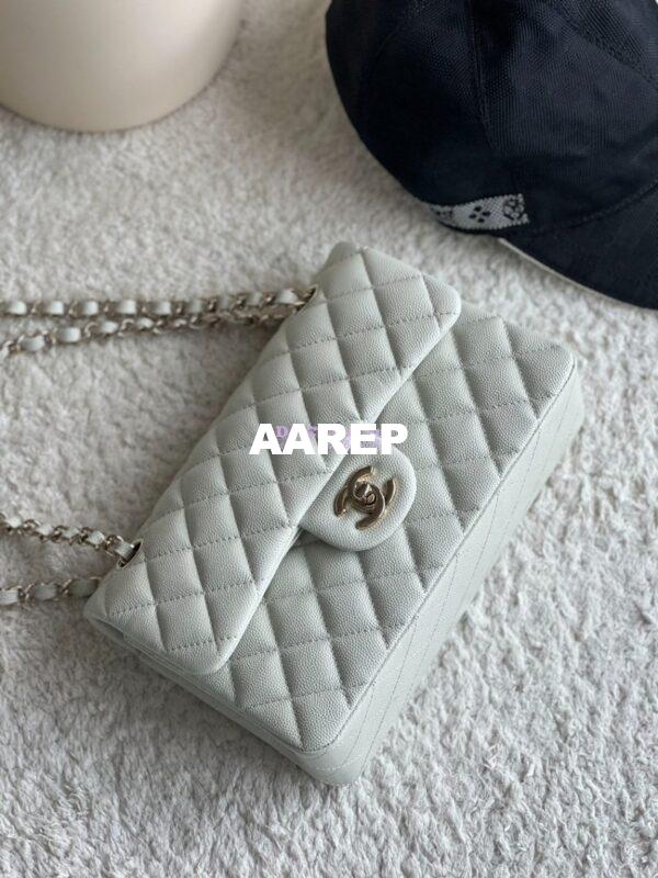 Replica Chanel Small Classic Double Flap Bag in Light Gold Hardware 23cm Quilted Caviar Milky White 4
