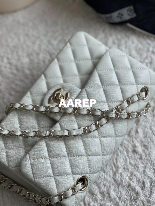 Replica Chanel Small Classic Double Flap Bag in Light Gold Hardware 23cm Quilted Caviar Milky White 5
