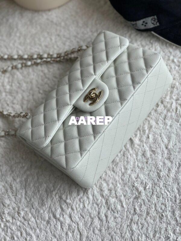 Replica Chanel Small Classic Double Flap Bag in Light Gold Hardware 23cm Quilted Caviar Milky White 7