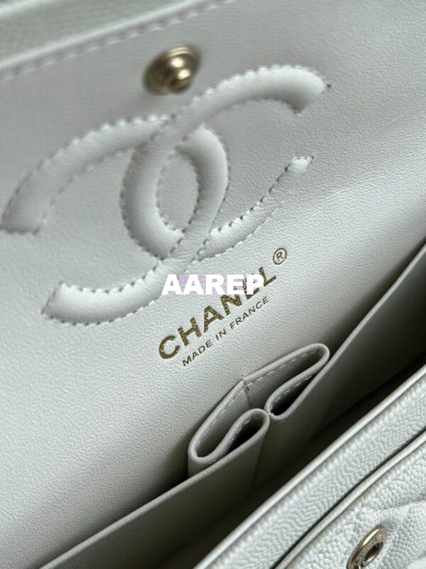 Replica Chanel Small Classic Double Flap Bag in Light Gold Hardware 23cm Quilted Caviar Milky White 12