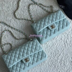 Replica Chanel Small Classic Double Flap Bag in Light Gold Hardware 23cm Quilted Caviar Light Blue