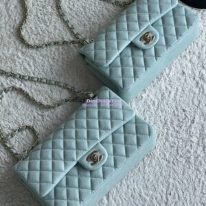 Replica Chanel Small Classic Double Flap Bag in Light Gold Hardware 23cm Quilted Caviar Light Blue 2