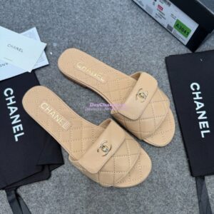 Replica Chanel 25P CC Turnlock Lambskin Slides G38232 Beige 2