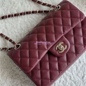 Replica Chanel Small Classic Double Flap Bag in Light Gold Hardware 23cm Quilted Caviar Wine 2