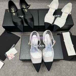 Replica Chanel 25P Mary Jane Pointed Pumps 65mm Satin and Grossgrain G46377 Silver
