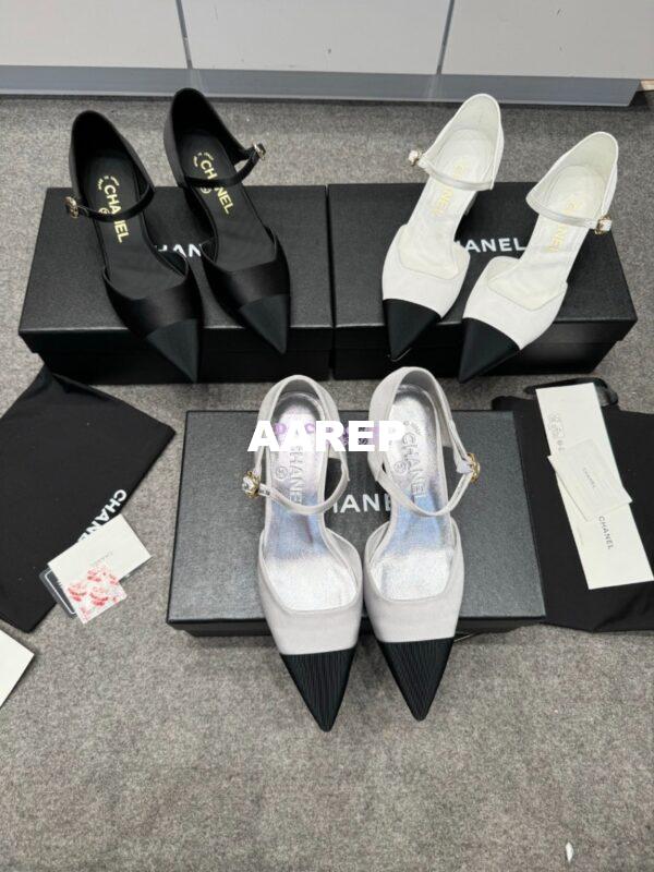 Replica Chanel 25P Mary Jane Pointed Pumps 65mm Satin and Grossgrain G46377 Silver 3