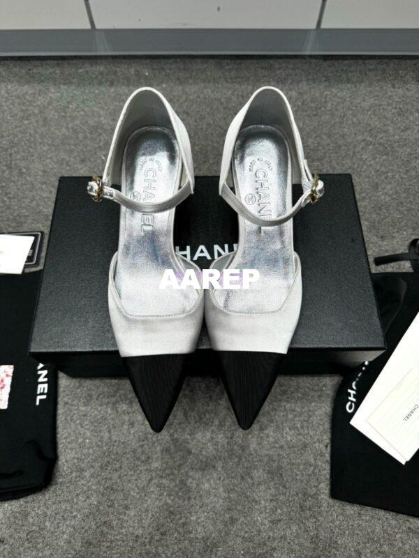 Replica Chanel 25P Mary Jane Pointed Pumps 65mm Satin and Grossgrain G46377 Silver 5