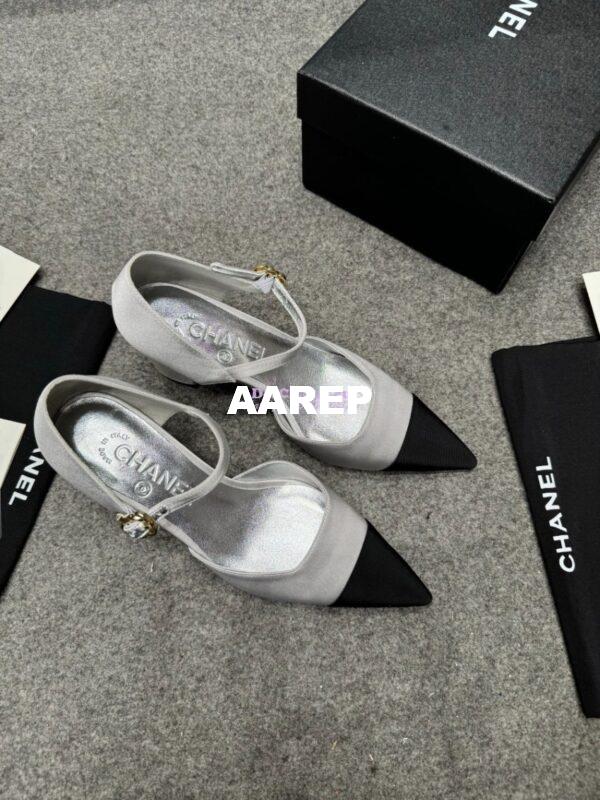 Replica Chanel 25P Mary Jane Pointed Pumps 65mm Satin and Grossgrain G46377 Silver 6