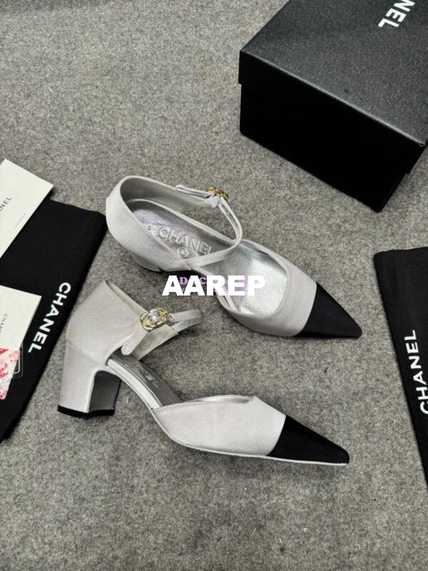 Replica Chanel 25P Mary Jane Pointed Pumps 65mm Satin and Grossgrain G46377 Silver 7