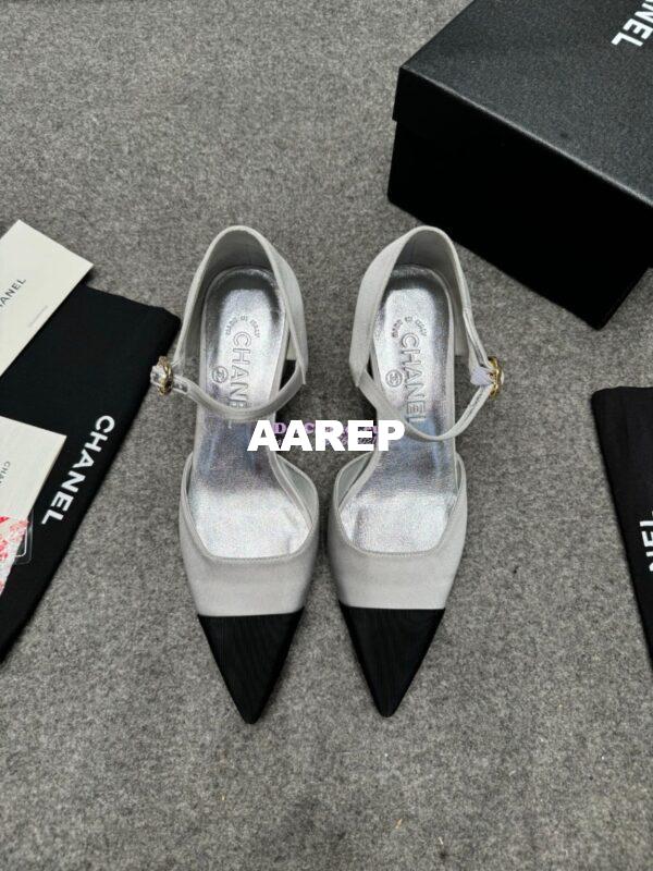 Replica Chanel 25P Mary Jane Pointed Pumps 65mm Satin and Grossgrain G46377 Silver 8