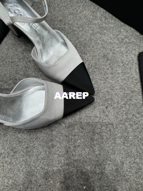 Replica Chanel 25P Mary Jane Pointed Pumps 65mm Satin and Grossgrain G46377 Silver 9