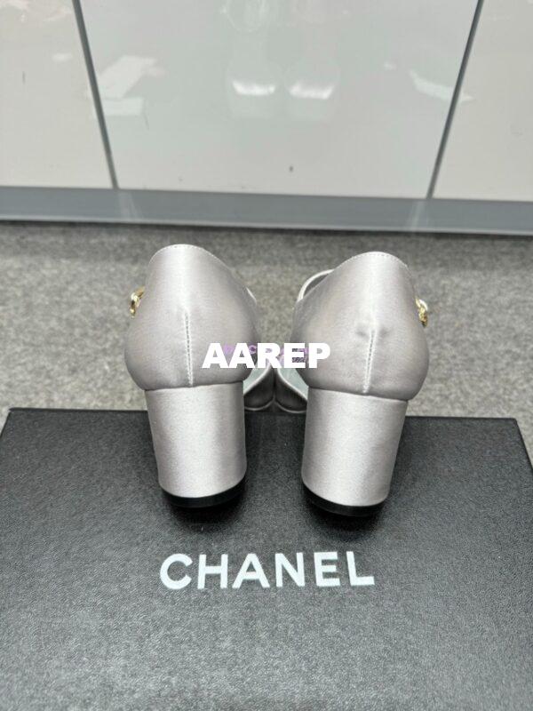 Replica Chanel 25P Mary Jane Pointed Pumps 65mm Satin and Grossgrain G46377 Silver 10