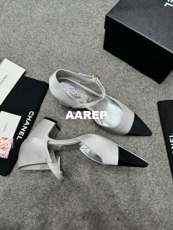 Replica Chanel 25P Mary Jane Pointed Pumps 65mm Satin and Grossgrain G46377 Silver 11