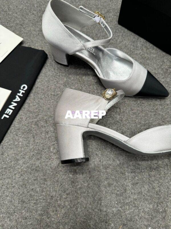 Replica Chanel 25P Mary Jane Pointed Pumps 65mm Satin and Grossgrain G46377 Silver 13