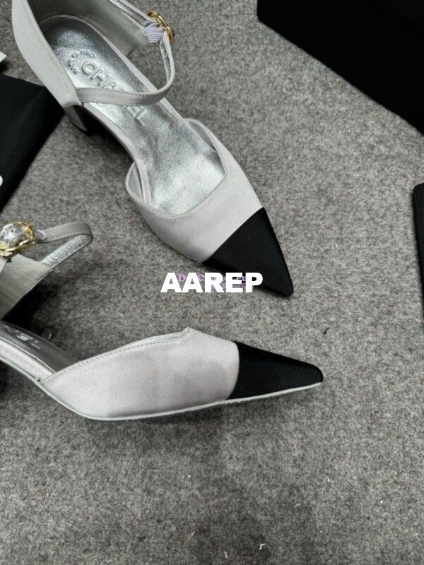 Replica Chanel 25P Mary Jane Pointed Pumps 65mm Satin and Grossgrain G46377 Silver 14