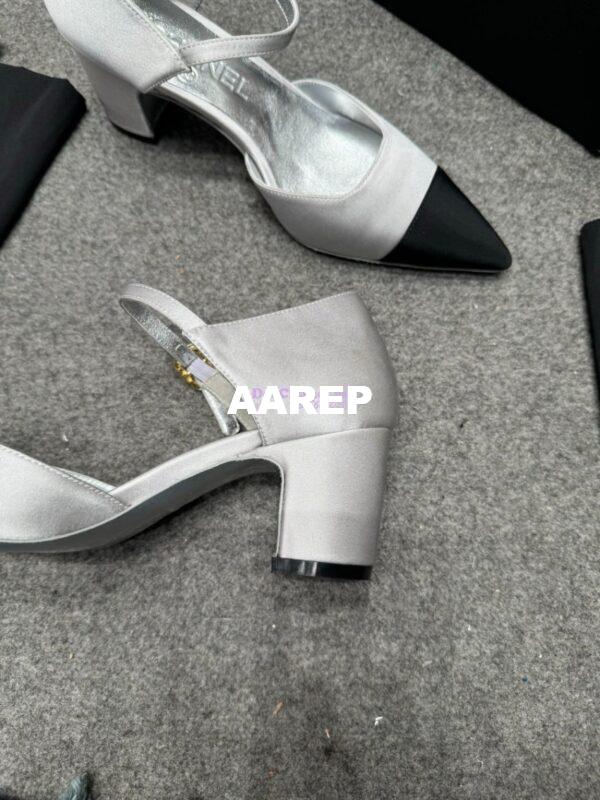 Replica Chanel 25P Mary Jane Pointed Pumps 65mm Satin and Grossgrain G46377 Silver 15