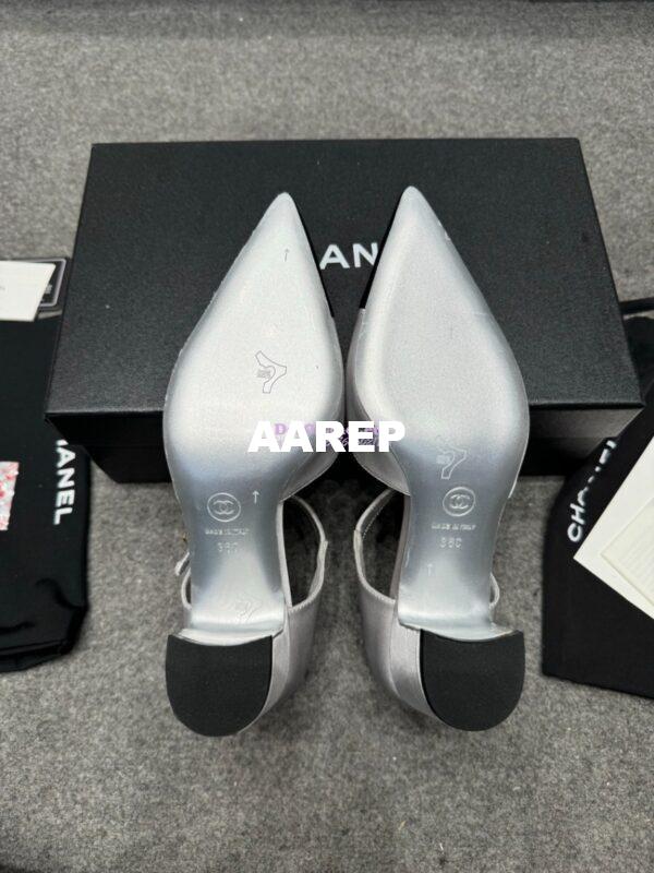 Replica Chanel 25P Mary Jane Pointed Pumps 65mm Satin and Grossgrain G46377 Silver 16
