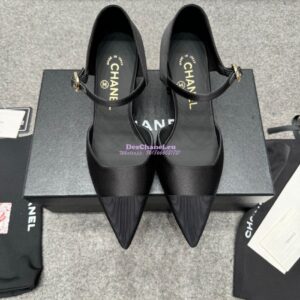 Replica Chanel 25P Mary Jane Pointed Pumps 65mm Satin and Grossgrain G46377 Black