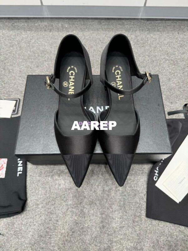 Replica Chanel 25P Mary Jane Pointed Pumps 65mm Satin and Grossgrain G46377 Black