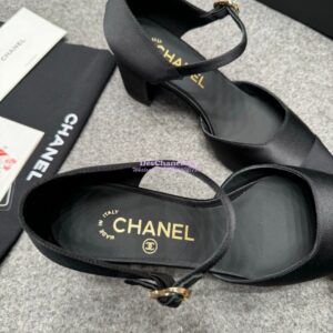 Replica Chanel 25P Mary Jane Pointed Pumps 65mm Satin and Grossgrain G46377 Black 2