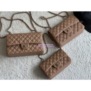 Replica Chanel Small Classic Double Flap Bag in Light Gold Hardware 23cm Quilted Caviar Dark Beige