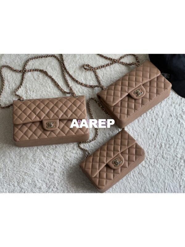 Replica Chanel Small Classic Double Flap Bag in Light Gold Hardware 23cm Quilted Caviar Dark Beige