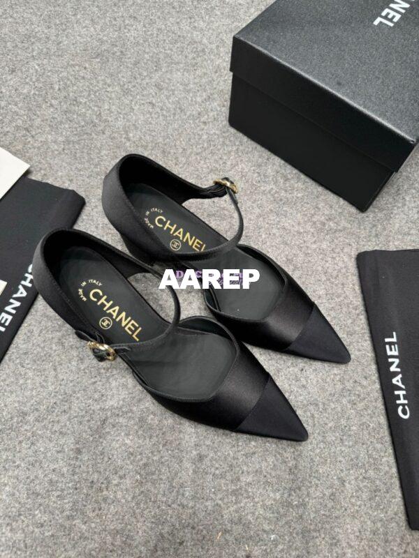 Replica Chanel 25P Mary Jane Pointed Pumps 65mm Satin and Grossgrain G46377 Black 3