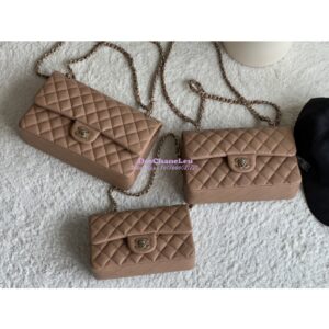 Replica Chanel Small Classic Double Flap Bag in Light Gold Hardware 23cm Quilted Caviar Dark Beige 2