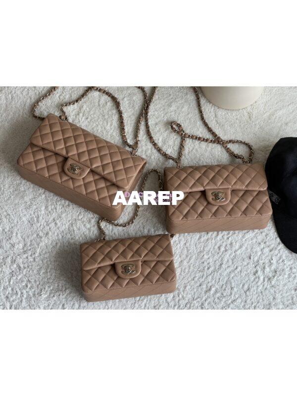 Replica Chanel Small Classic Double Flap Bag in Light Gold Hardware 23cm Quilted Caviar Dark Beige 2