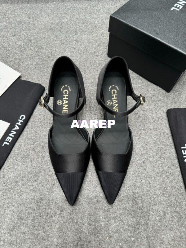 Replica Chanel 25P Mary Jane Pointed Pumps 65mm Satin and Grossgrain G46377 Black 4