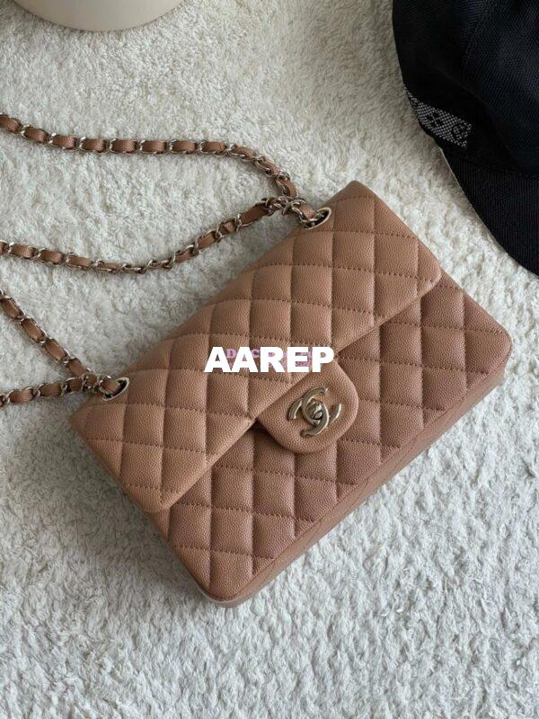 Replica Chanel Small Classic Double Flap Bag in Light Gold Hardware 23cm Quilted Caviar Dark Beige 3