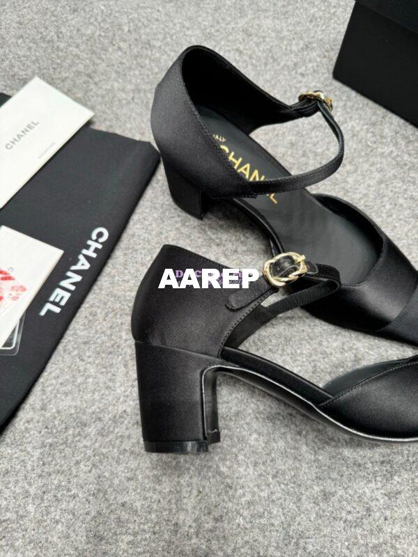 Replica Chanel 25P Mary Jane Pointed Pumps 65mm Satin and Grossgrain G46377 Black 5